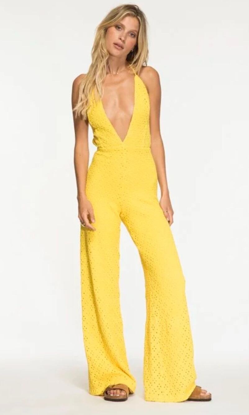 Nightcap Clothing Yellow Crochet Lace Halter Jumpsuit S